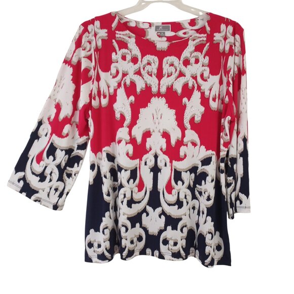 JM Collection Rhinestone Red White Navy Print 3/4 Sleeve Tunic Pullover - Picture 1 of 6